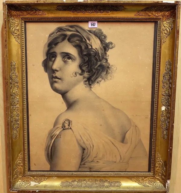 Elisa Laveissiere (French mid-19th century) Head study of a classical girl, charcoal and pencil, signed and dated "Le 10 Juillet (18) 1833, 55cm x 45c