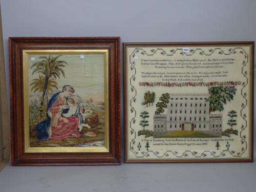 An early Victorian framed sampler, depicting Drumlanrig Castle, Dumfriesshire, Scotland by Ann Osborn Epworth 1843, 71cm wide x 66cm high, together wi