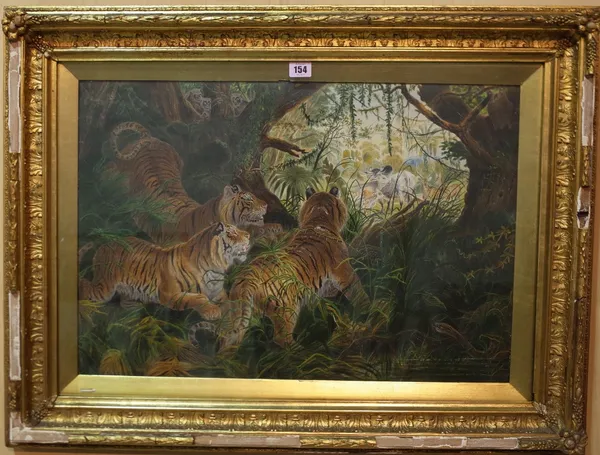 P.H. Staines (British 19th Century) Tigers on the prowl, watercolour and body colour, heightened with gum-arabic, signed and indistinctly dated, 42cm