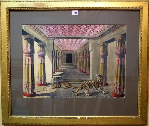 R ** Bauckham (19th century) Captive tigers in a colonnade, watercolour, signed and dated 1886, 38.5cm x 54cm. Provenance; property from the late Sir