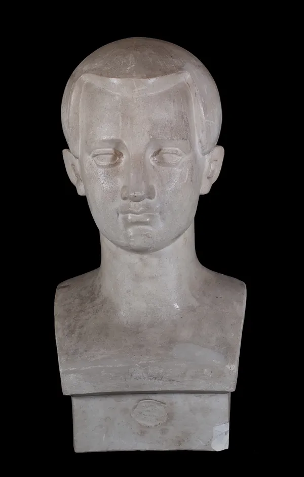 A Continental plaster bust of a man, circa 1920, indistinctly titled in pencil, with Paris stamp, 26cm wide x 52cm high. Provenance; property from the