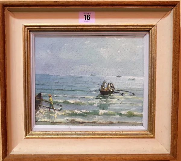 Pip Todd-Warmoth (British b.1962) Catching the high tide, Goa, oil on board, signed with initials and dated 93, 17.5cm x 21cm.  DDS  Provenance; prope