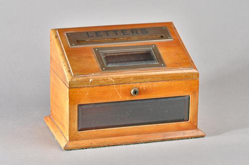 A late Victorian brass and bevelled glass mounted slope front 'LETTERS' box, 28cm wide x 22cm high.