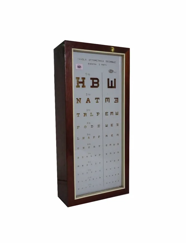 An Italian optometrist's light box, mahogany rectangular case with opaque lettered glass and internal light tube, 67.5cm x 31cm x 15cm. Provenance; pr