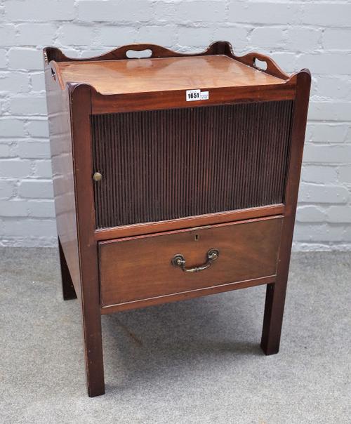 A George III mahogany tray top commode with tambour cupboard over drawer, 54cm wide x 79cm high.