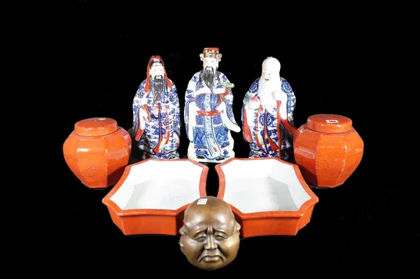 A collection of modern Chinese items including; three porcelain figures, a pair of orange ground ginger jars and covers, a pair of figural table lamps