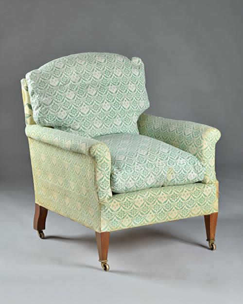 Howard & Son, a Dutton chair, retaining some of the original upholstery, on tapering square beech supports, 75cm wide x 68cm high.