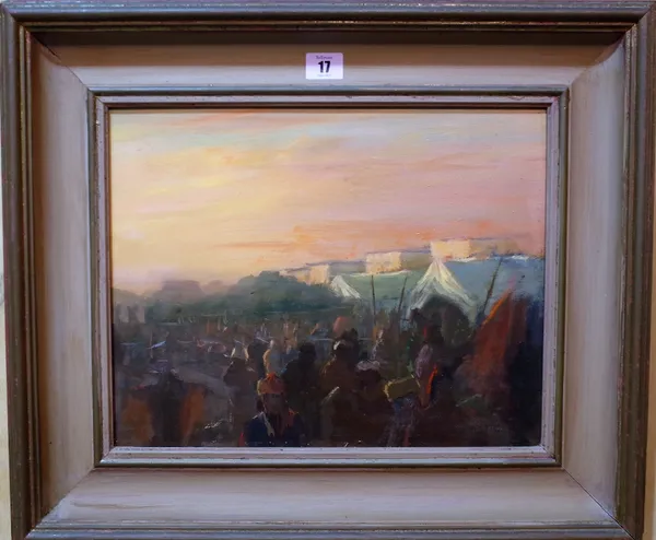 Pip Todd-Warmoth (British b.1962) The encampment, oil on board, signed with initials, 29cm x 37cm.  DDS  Provenance; property from the late Sir David