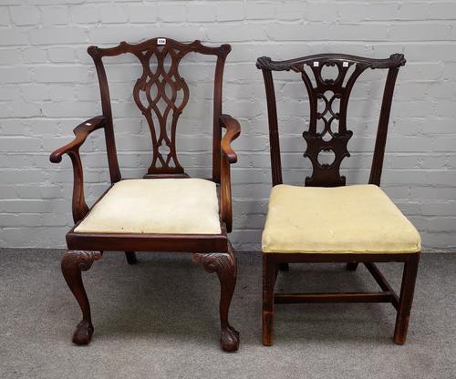 A George III style mahogany open armchair on ball and claw feet, 62cm wide x 101cm high, together with a similar George III style chair, 55cm wide x 9
