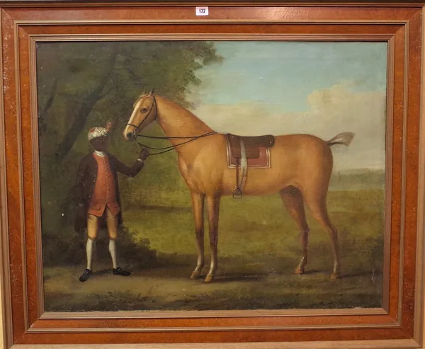 Follower of John Wootton, A page holding a racehorse in a landscape, oil on canvas, 71cm x 90cm. Provenance; property from the late Sir David Tang Thi