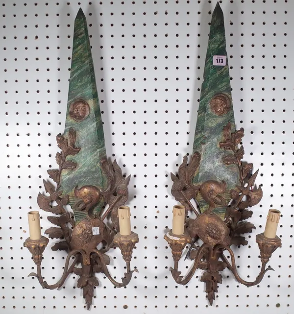 A pair of Georgian style giltwood two branch wall lights, modern, the backplate of marbled obelisk form, 72.5cm high and a gilt bronze seven branch wa