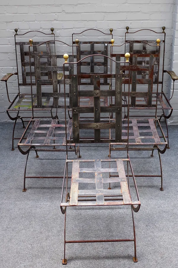 A set of six iron dining/ garden chairs with brass finials, to include a a pair of carvers, (6).