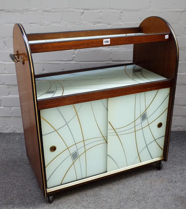 A mid-20th century walnut and coloured glass serving/drinks trolley, 70cm wide x 81cm high.