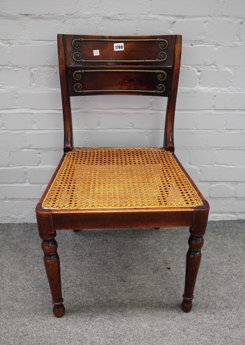A Regency mahogany and beech side chair, with cane seat on turned supports, stamped GEE to underside, 45cm wide x 78cm high.Possibly John Gee, chair m