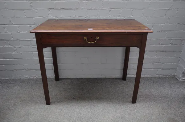 A mid-18th century mahogany rectangular single drawer writing table, on canted square supports, 92cm wide x 73cm high.