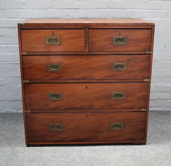 A campaign style brass bound mahogany chest of two short and three long graduated drawers, 90cm wide x 91cm high.