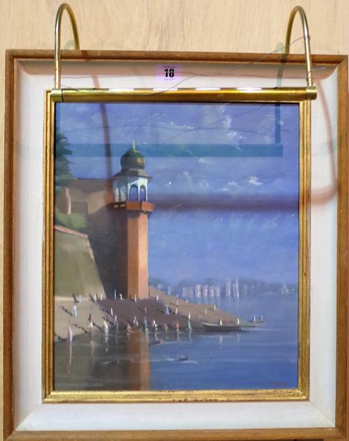 Pip Todd-Warmoth (British b.1962) Early morning dip Varanasi, oil on board, signed with initials and dated 93, 34cm x 29cm.  DDS  Provenance; property