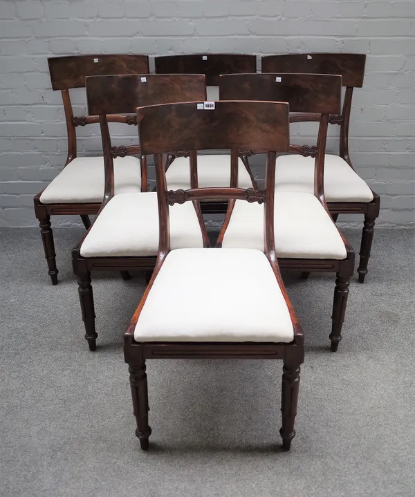 A set of six George III mahogany dining chairs with carved waist rail on lappet supports, 46cm wide x 90cm high, (6).