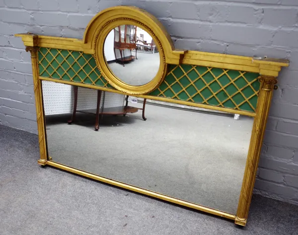 A 19th century and later gilt and green painted overmantel mirror, the lattice frieze with inset convex mirror flanked by Ionic columns, 133cm wide x