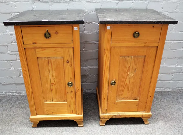 A pair of marble topped bedside tables with pine single drawer over cupboard base, 42cm wide x 78cm high, (2).