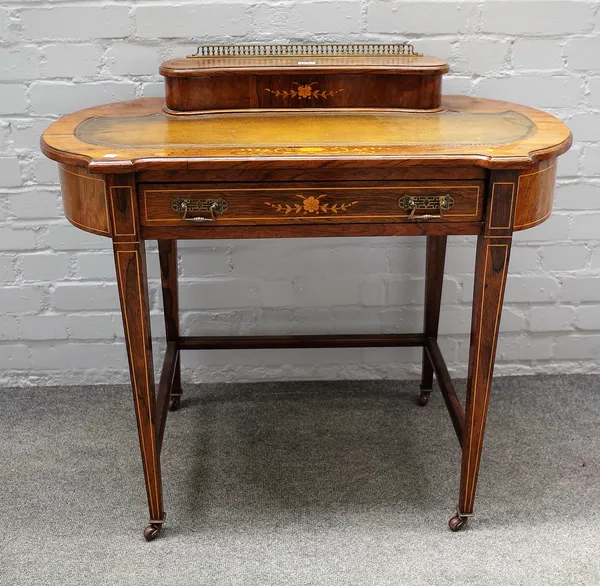 A Victorian inlaid rosewood lady's writing desk with fitted superstructure over frieze drawer on tapering square supports, 91cm wide x 82cm high.