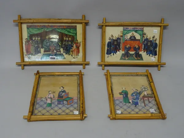 Four Chinese paintings on rice paper, 19th century, each painted with figures and attendants, 18cm. by 27cm. and 25cm. by 18cm., glazed and with bambo