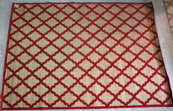 Feizy Rugs; two 20th century red patterned indoor/ outdoor carpets with geometric pattern, 322cm long x 226cm wide. (2) Provenance; property from the