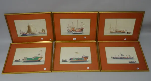 Six Chinese paintings on rice paper, 19th century, painted with sailing vessels, 19cm. by 30.5cm., mounted, glazed and framed, (6).