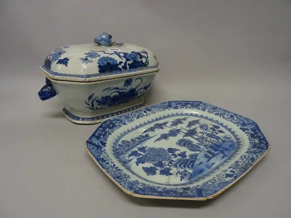 A Chinese export blue and white canted rectangular tureen and a cover, Qianlong,  set with hares head handles, the tureen painted with lotus flowers,