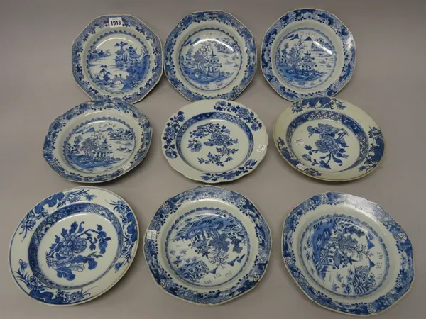 Five Chinese export blue and white octagonal  soup plates, Qianlong, each painted with a river landscape, 22cm.diameter; also four other export blue a