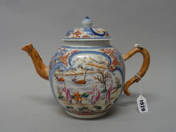 A Chinese export mandarin palette punchpot, Qianlong, each side painted with a panel of a family on the banks of a river with boats in the water, (a.f