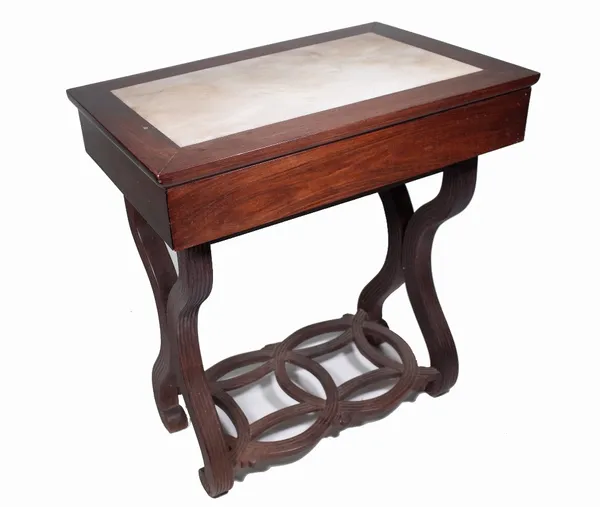 A late 19th/early 20th century Chinese hardwood rectangular single drawer side table, with marble inset top on shaped channelled supports, united by i