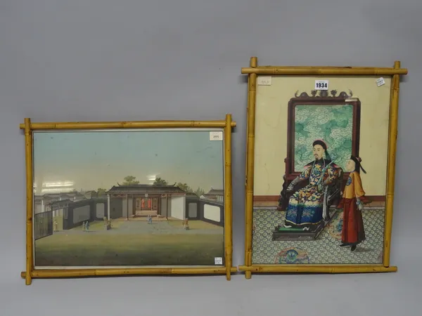 A Chinese painting of a seated official with a young attendant, 19th century, opaque pigments on paper, 46cm. by 32cm., framed; and a Chinese painting