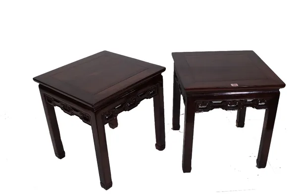 A pair of late 19th century Chinese hardwood square occasional tables, possibly huanghuali, each with pierced and carved frieze, 48cm wide x 51cm high