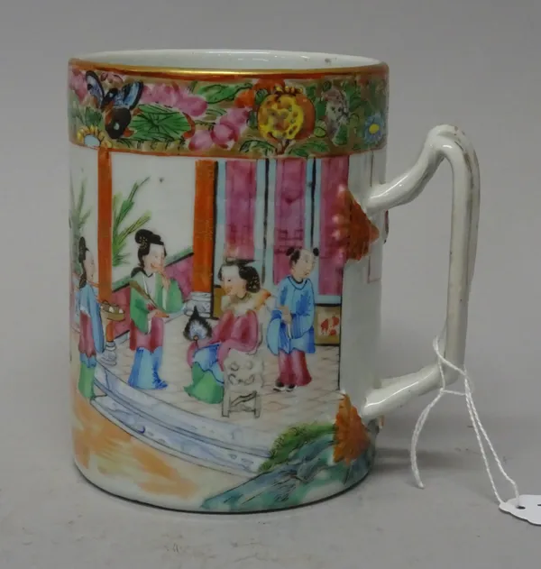 A Canton famille-rose cylindrical tankard, 19th century, set with entwined handle, painted with a figurative panel beneath a gilt-ground border filled