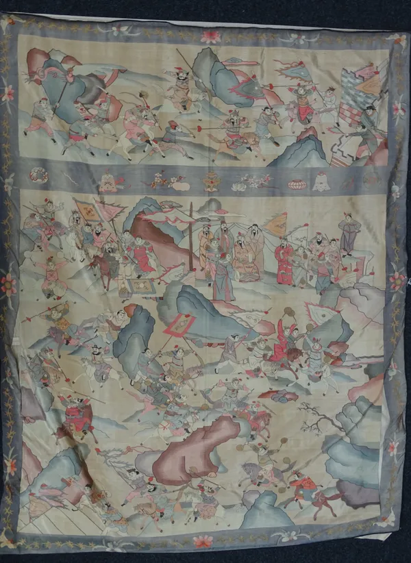 A large Chinese wall hanging, 19th century, emboidered with a battle scene and officials, 198cm. by 154cm.