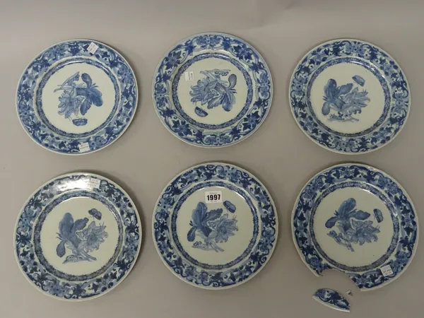 A set of six Chinese export blue and white botanical plates, Qianlong, each after European designs, probably by Merian, painted with two caterpillars