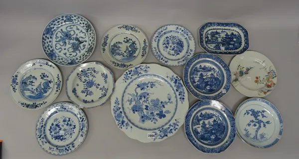 A large Chinese blue and white plate, Qianlong, painted with branches of flowering peony and fruit, 25 cm.diameter; also nine various Chinese 18th cen