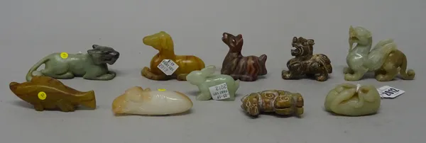 A group of ten Chinese archaistic figures of animals, nine of jade, the other in agate, largest 6cm. high, (10).