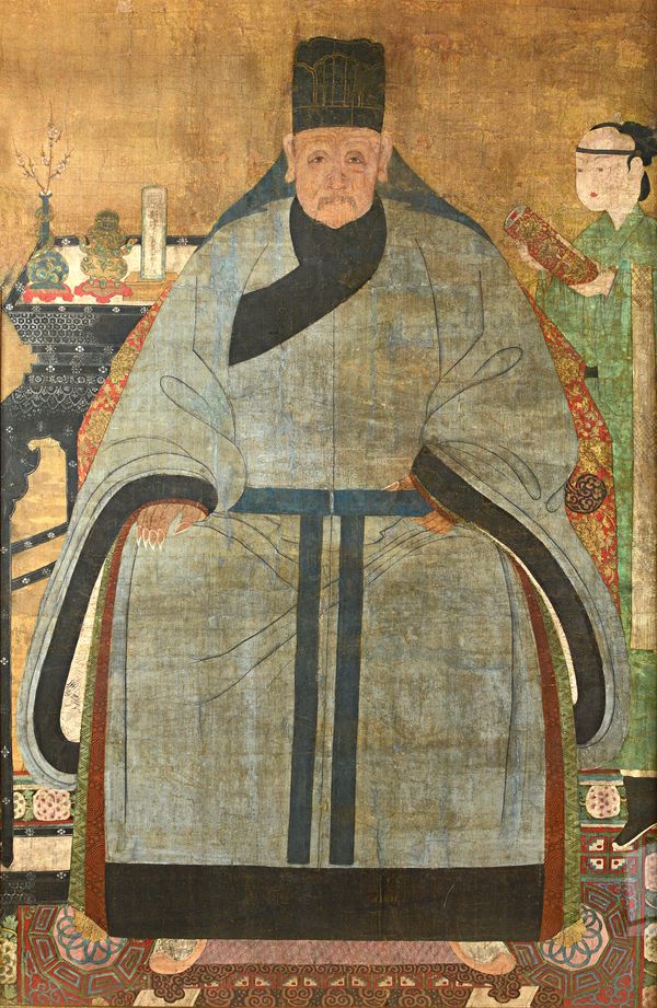 Chinese school, 19th century, a large ancestor painting on silk, depicting a seated man in greyish blue robes, flanked by an attendant  and table with