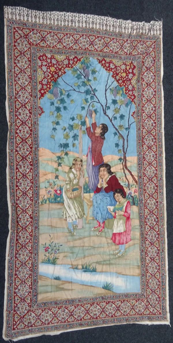 A pair of large painted and printed hangings, Persia, circa 1900, each with profusely decorated floral border around a central arched niche, one depic