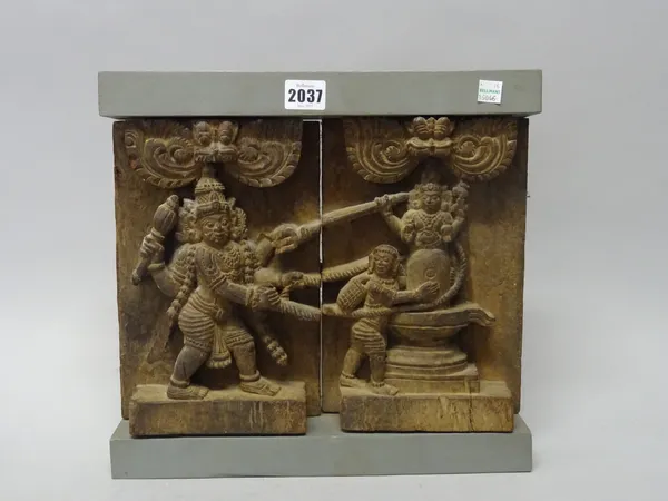 Two wood panels from a frieze, Tamil Nadu, South India, 19th century, carved in relief depicting Bhairava and Shiva emerging from a lingam, a pair of