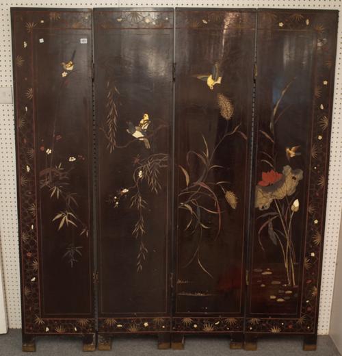 A Chinese  lacquered  four-fold screen, 20th century, carved and coloured with figures and pavilions against a gold ground, the reverse with birds and