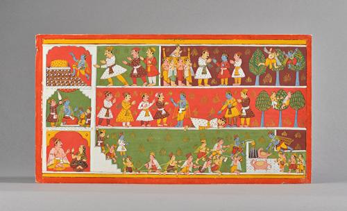 Scenes from the life of Krishna, Rajasthan, India, 18th century, gouache with gold on paper, depicting three tiers of scenes with various episodes inv