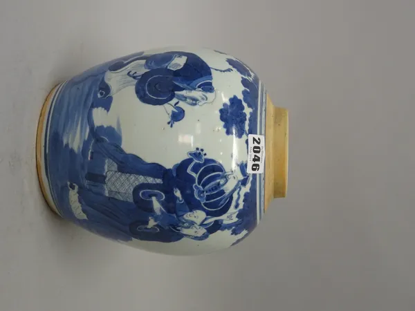 A Chinese blue and white oviform jar, late 19th/20th century, painted with three figures and a child in a landscape, 22cm. high.