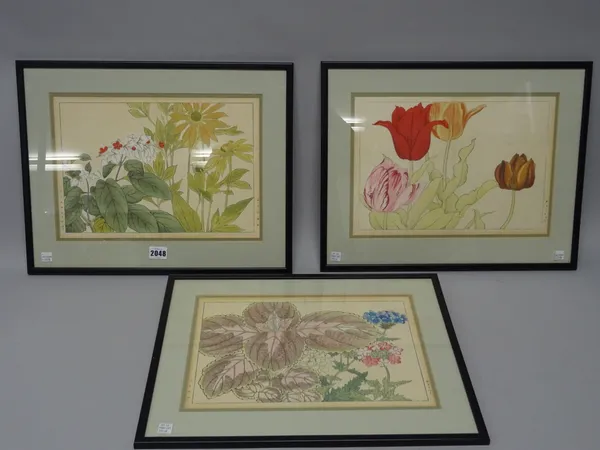 Tanigami Konan ( 1879- 1928), three Japanese woodblock prints, flower studies, signed in the margins, 22cm. by 33cm., mounted, framed and glazed, (3).