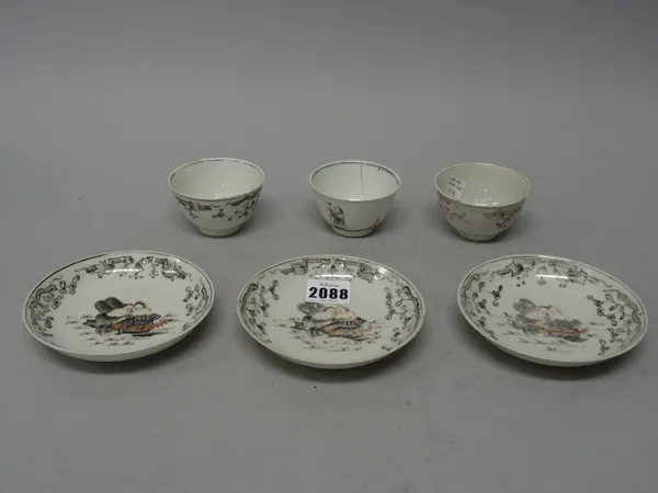 Two Chinese mythological-subject teabowls and three saucers, Qianlong, painted en grisaille and iron-red, probably depicting Cupid and Psyche; and ano