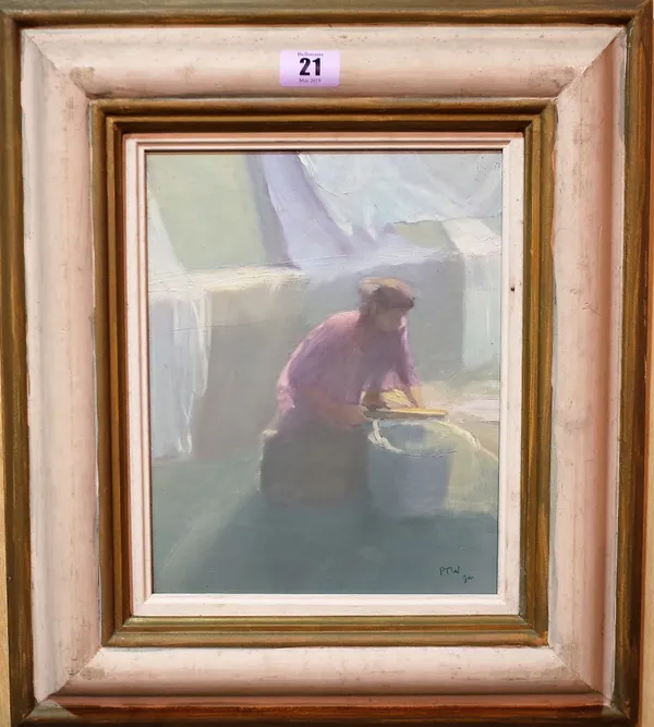 Pip Todd-Warmoth (British b.1962) Brushing the Clothes, oil on board, signed with initials and dated 94, 24.5cm x 19cm.  DDS  Provenance; property fro