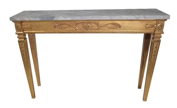 An 18th century style console table, circa 1900, the rectangular marble top over carved giltwood base, on four tapering supports, 130cm wide x 89cm hi