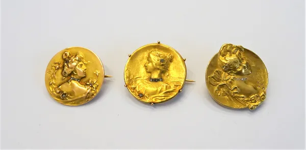 A French gold and diamond set brooch, designed as the Art Nouveau portrait of a lady, detailed below the bust GHERET and to the back 1900 and two furt